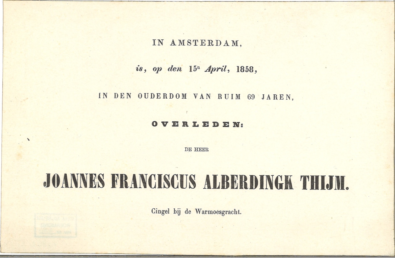 Mapje met persoonlijke herinneringen van de familie Alberdingk Thijm:
"Overlijdensbericht van de Heer Joannes Franciscus AlberdingkThijm".