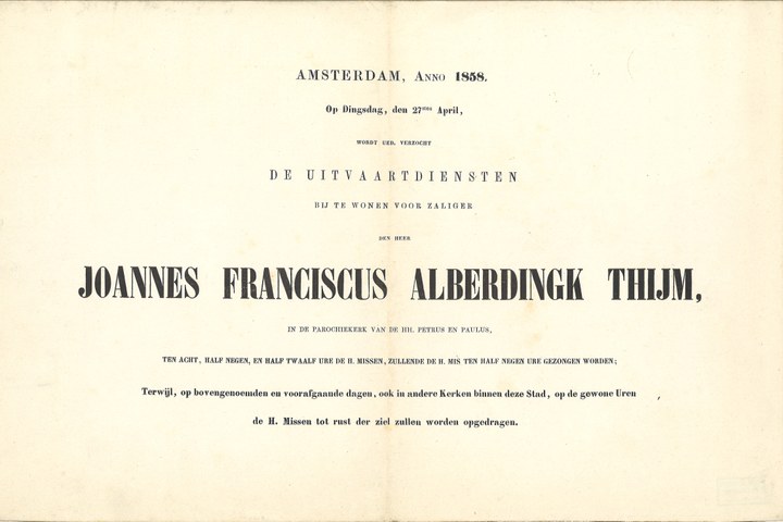 Mapje met persoonlijke herinneringen van de familie Alberdingk Thijm:
"Uitnodiging voor de begrafenis van de Heer Joannes Franciscus AlberdingkThijm".
