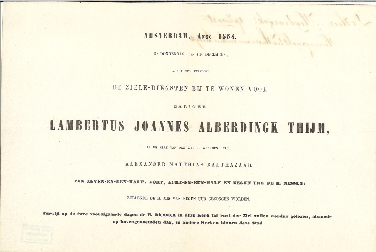 Mapje met persoonlijke herinneringen van de familie Alberdingk Thijm:
"Uitnodiging voor de begrafenis van de Heer Lambertus Joannes  AlberdingkThijm".