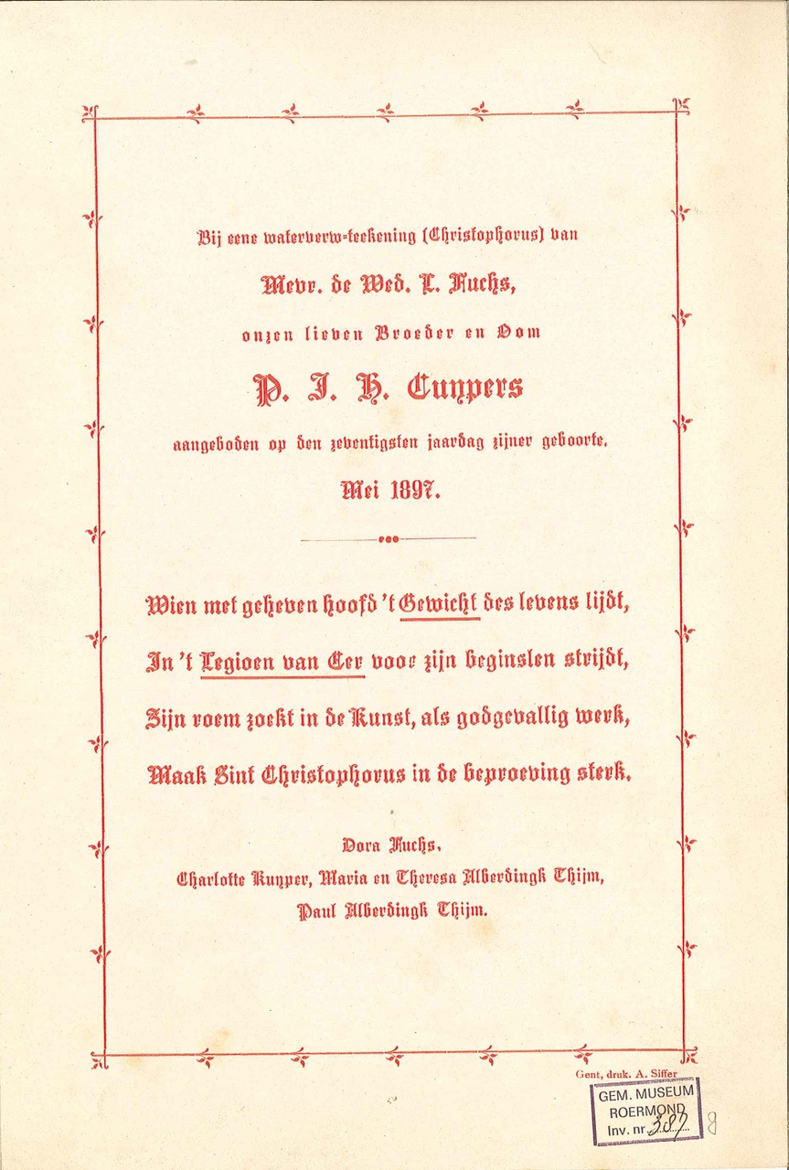 Felicitatiekaart met gedicht b.g.v. 70e verjaardag P.J.H. Cuypers