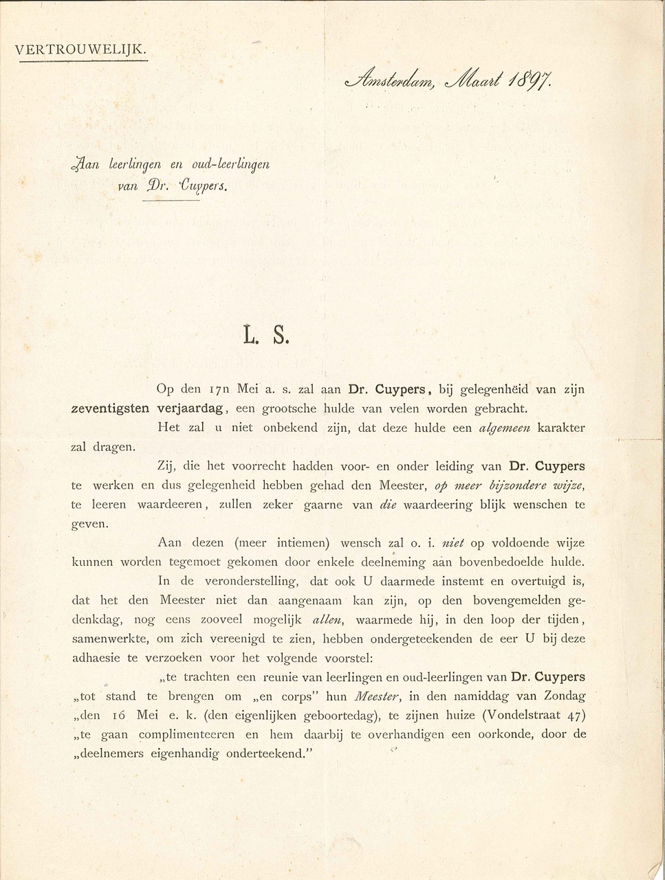 Brief t.g.v. huldeblijk 70e verjaardag P.J.H. Cuypers