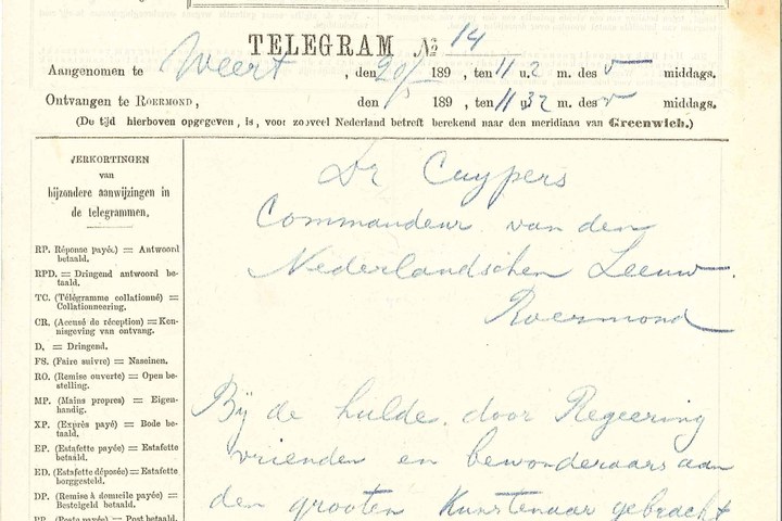 Telegrammen b.g.v. 70e verjaardag van P.J.H. Cuypers