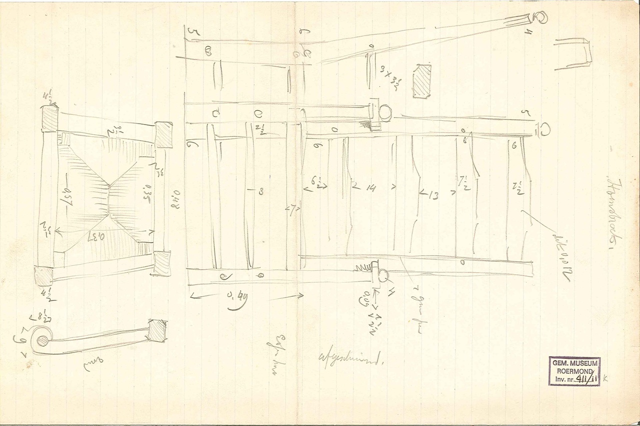Ontwerptekening van stoel met rieten zitting.