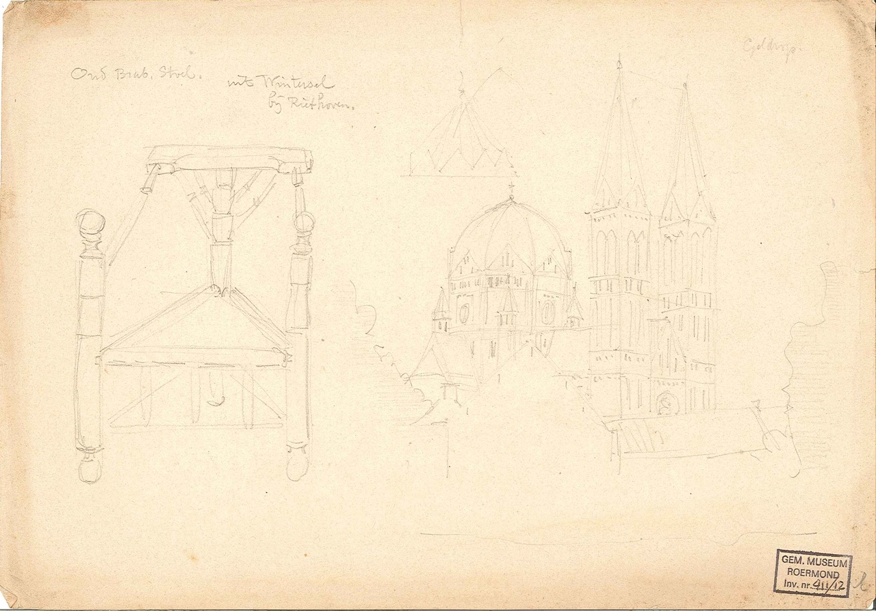 Tekening van een kerk en een stoel