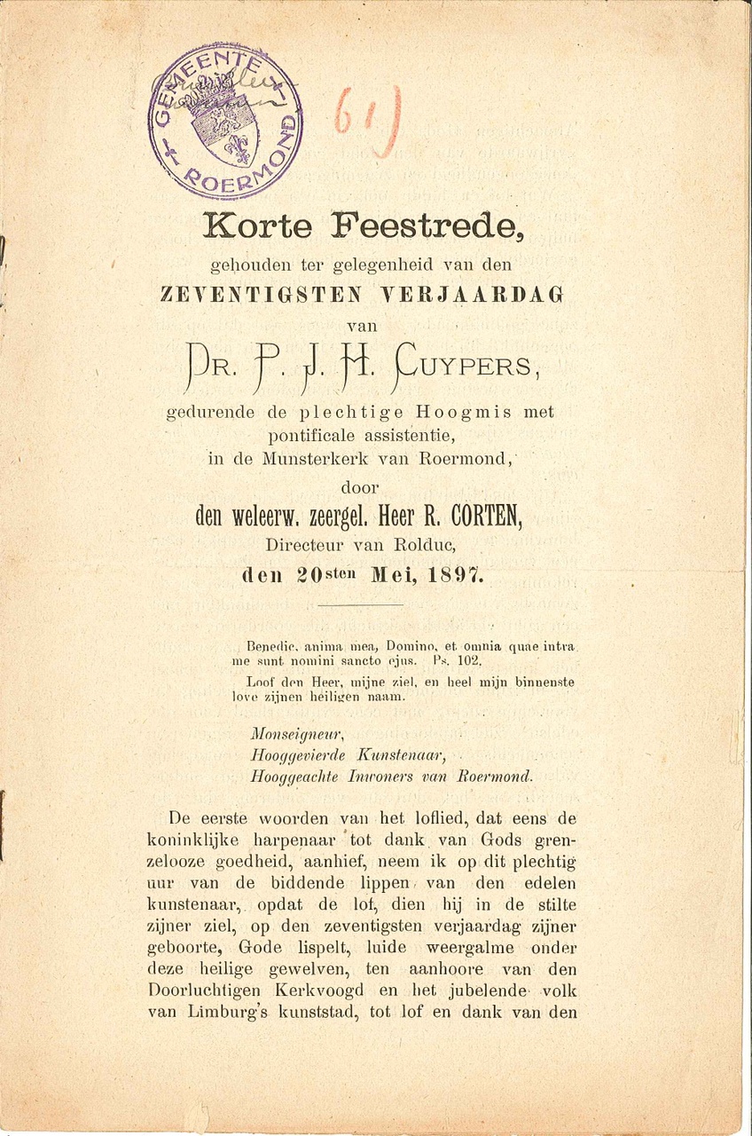 Korte feestrede t.g.v. 70e verjaardag P.J.H. Cuypers.