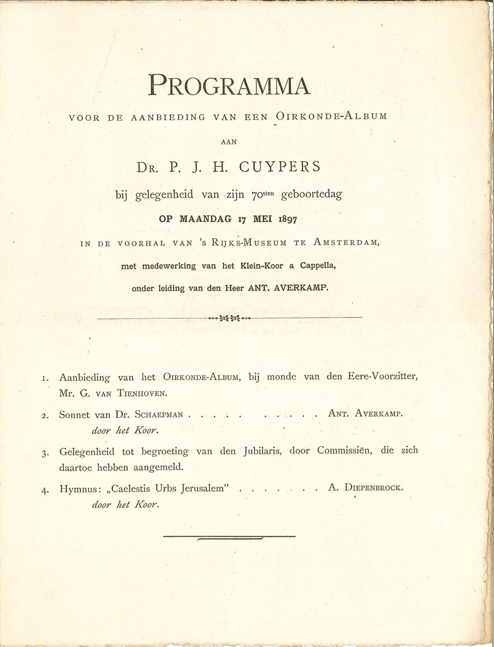 Programma t.g.v. aanbieding oorkonde t.g.v. 70e verjaardag P.J.H. Cuypers