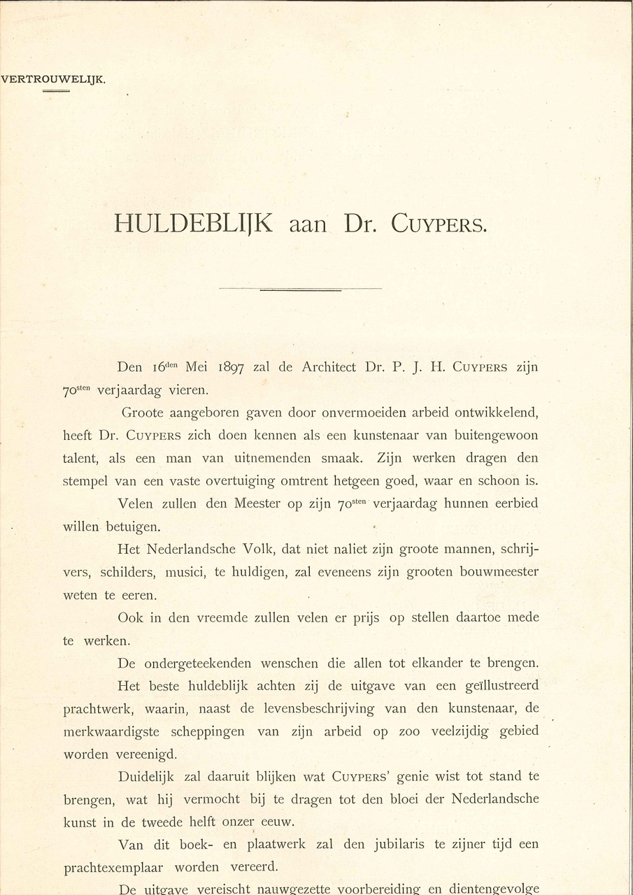 Briefje betreffende huldeblijk aan Dr. Cuypers, t.g.v. 70e verjaardag.