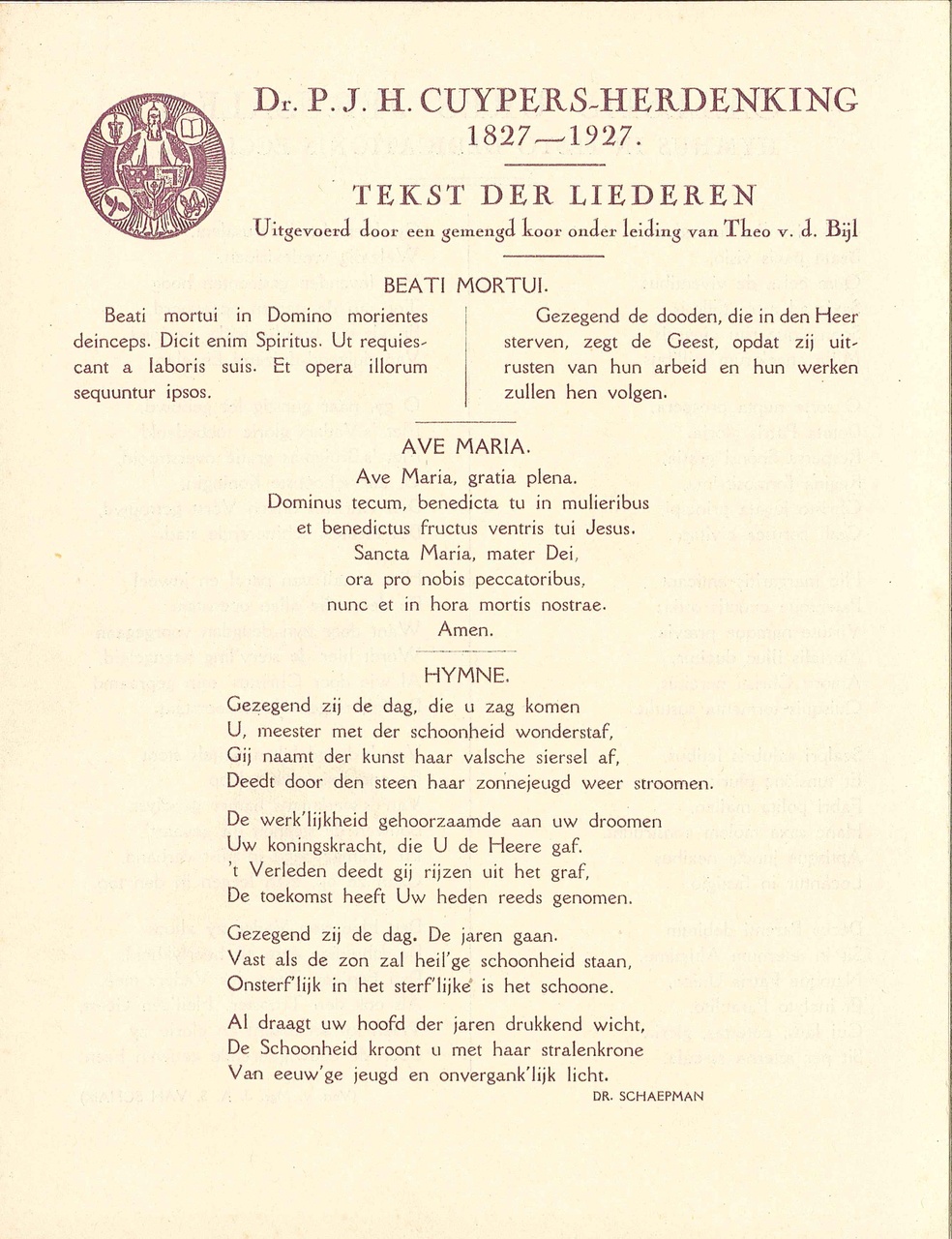 Tekst der liederen, Dr. P.J.H. Cuypers-Herdenking 1827-1927