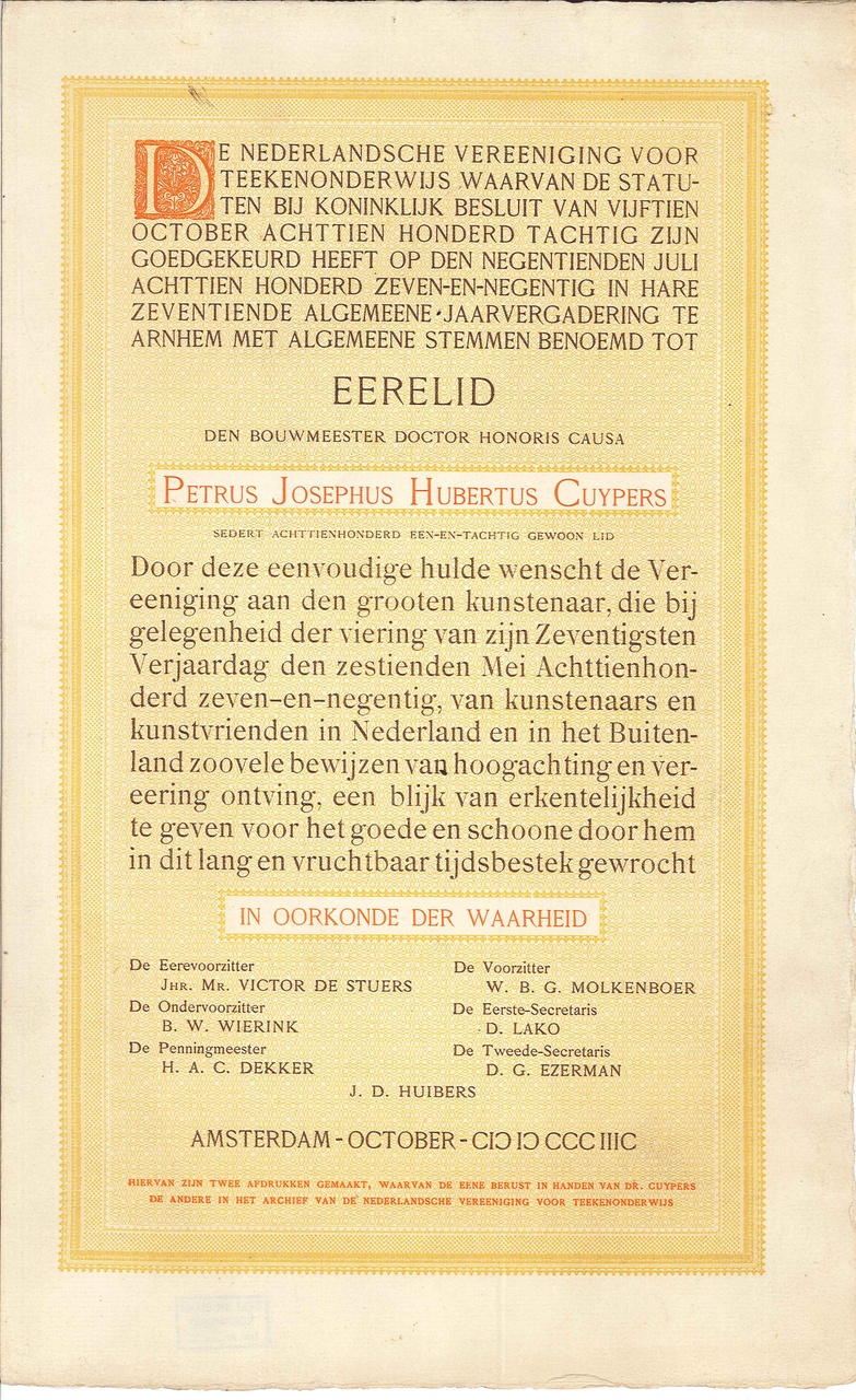 Ere-lidmaatschap van de Nederlandsche Vereeniging voor Teekenonderwijs Amsterdam
