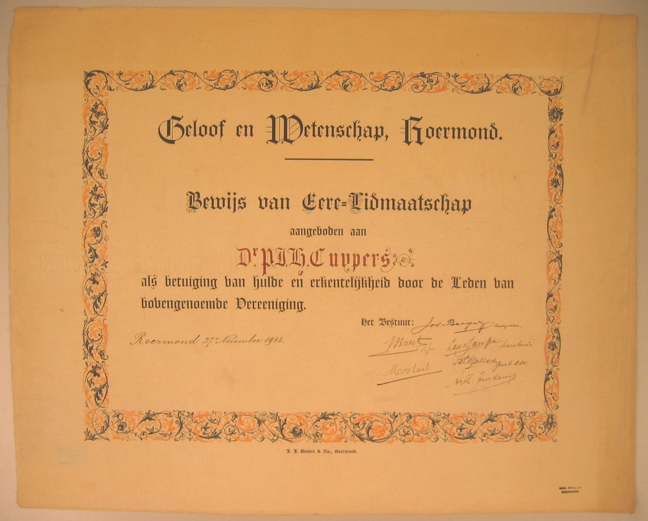 Ere-lidmaatschap Vereeniging Geloof en Wetenschap Roermond aan P.J.H. Cuypers