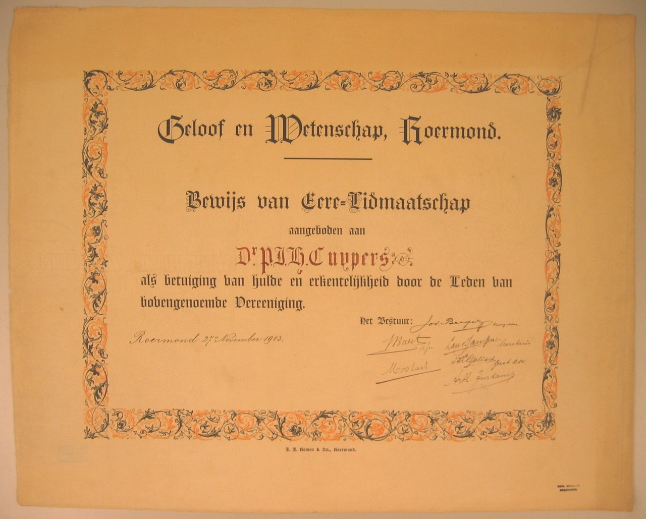 Ere-lidmaatschap Vereeniging Geloof en Wetenschap Roermond aan P.J.H. Cuypers