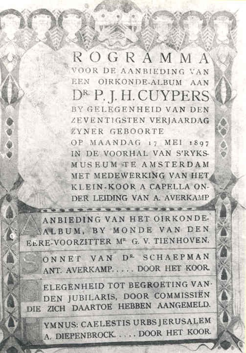 Programmablad bij het aanbieden van een oorkonde t.g.v. de 70e verjaardag van Cuypers