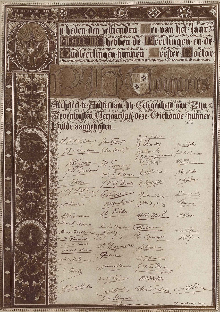 Foto van een oorkonde met felicitatie- register b.g.v. 70e verjaardag P.J.H. Cuypers