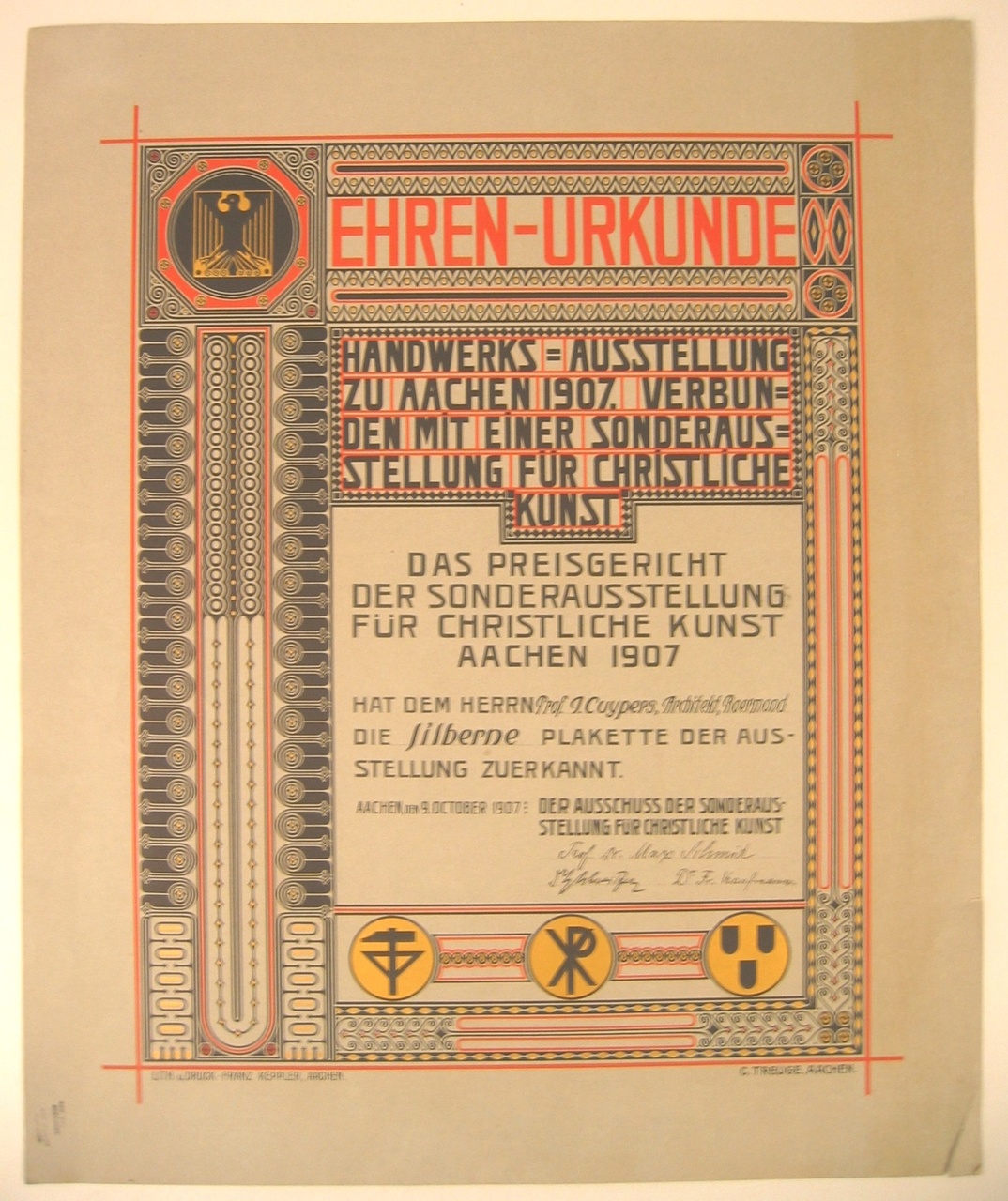 Oorkonde voor de 'silberne plakette' tijdens de 'Handwerks-Ausstellung zu Aachen 1907'