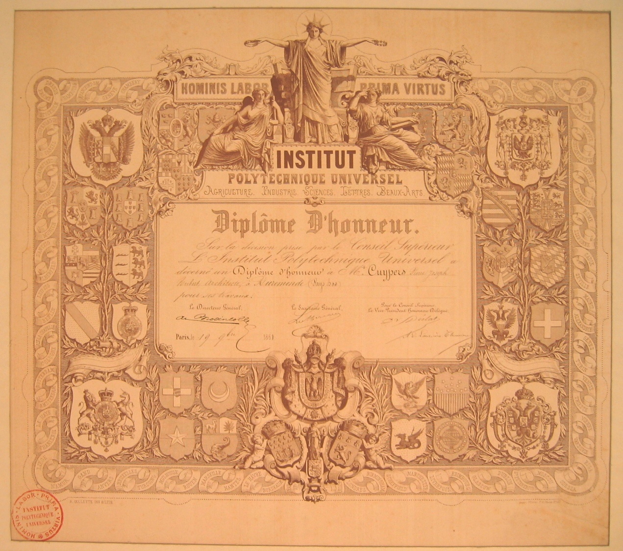 Diplôme d'Honneur van het Institut Polytechnique te Parijs voor P.J.H. Cuypers