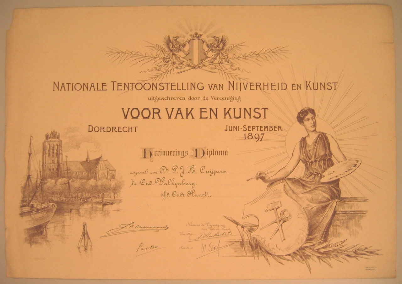 Herinneringsdiploma aan de Nationale ten- toonstelling van Nijverheid en Kunst Dordrecht