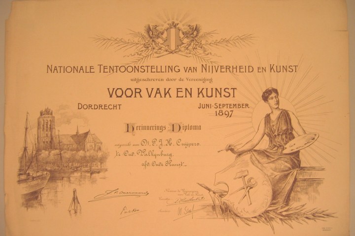 Herinneringsdiploma aan de Nationale ten- toonstelling van Nijverheid en Kunst Dordrecht