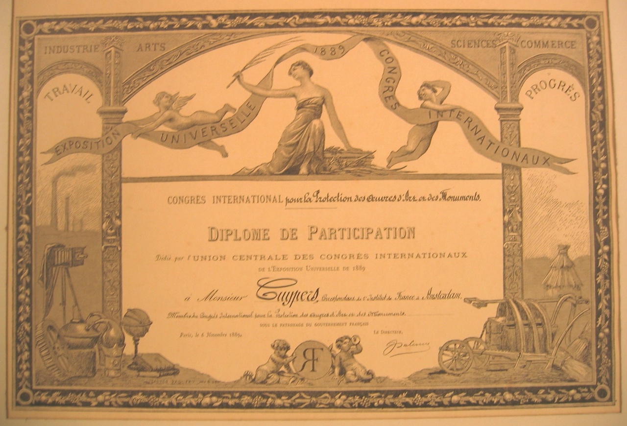 Deelname certificaat Exposition Universelle Parijs voor Monsieur Cuypers