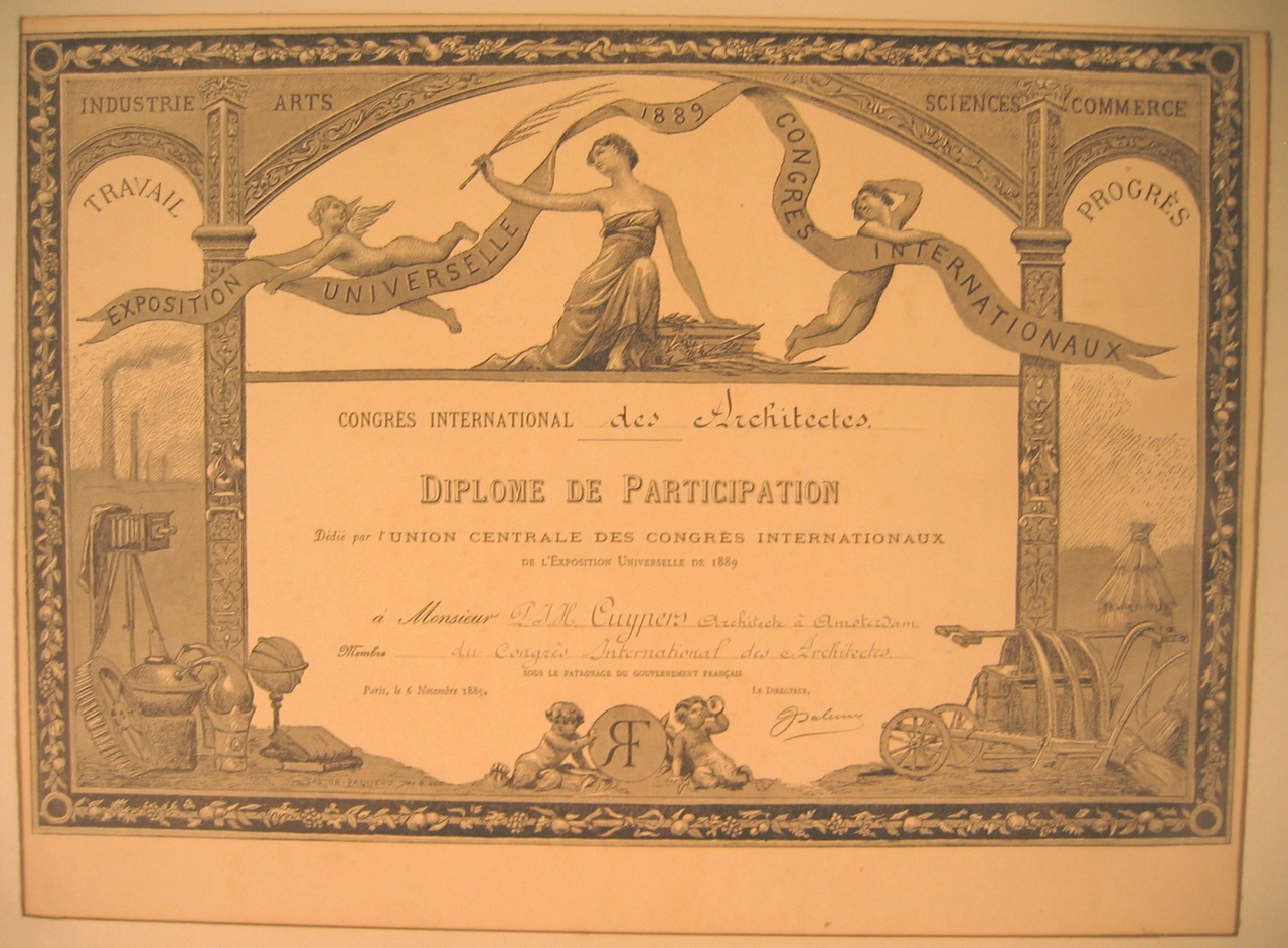 Deelname certificaat Exposition Universelle Parijs voor Monsieur Cuypers