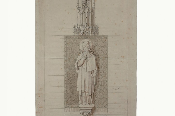 Ontwerptekening St. Anthoniusbeeld onder baldakijn voor de St. Lambertuskerk te Veghel