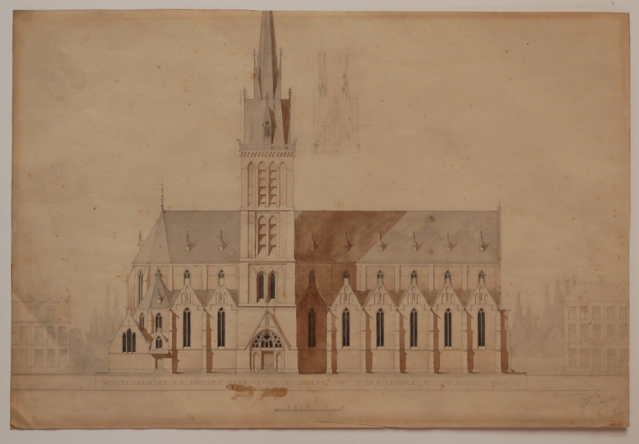 Ingekleurde ontwerptekening van de St. Jozefkerk te 's-Gravenhage