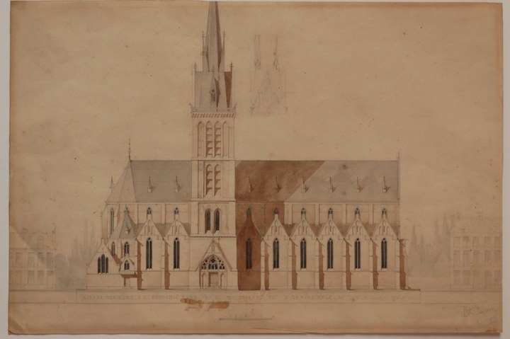 Ingekleurde ontwerptekening van de St. Jozefkerk te 's-Gravenhage