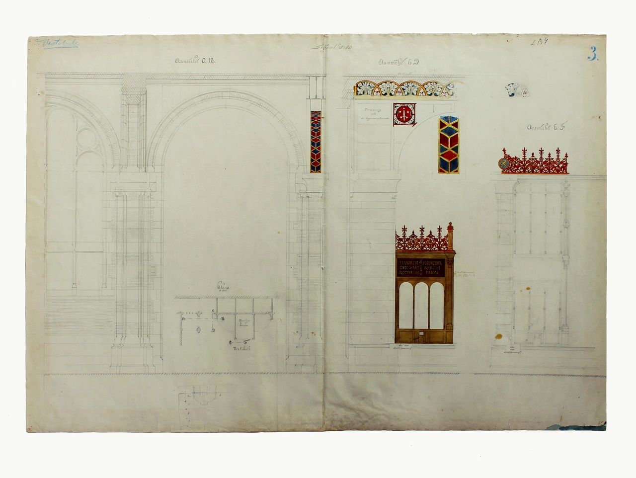 Detailtekening van het Centraal Station Amsterdam ,vestibule