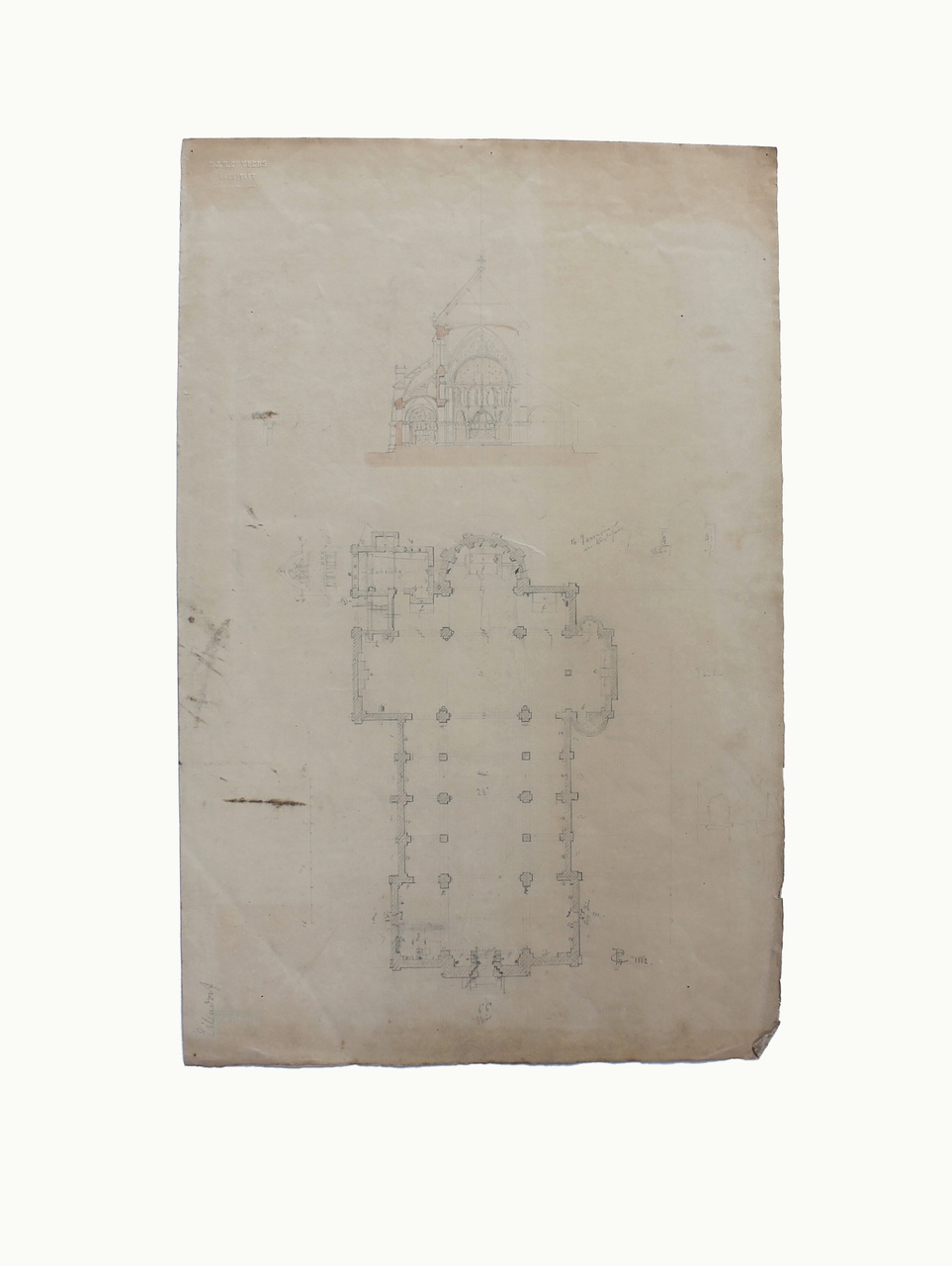 Ontwerptekening plattegrond en doorsnede van een kerk