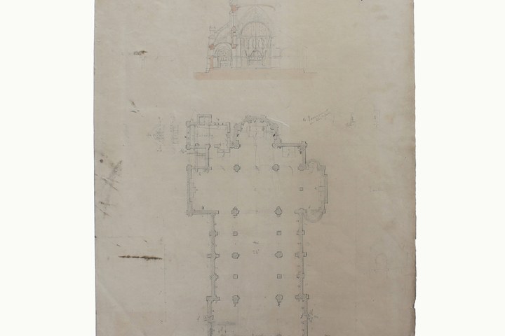 Ontwerptekening plattegrond en doorsnede van een kerk