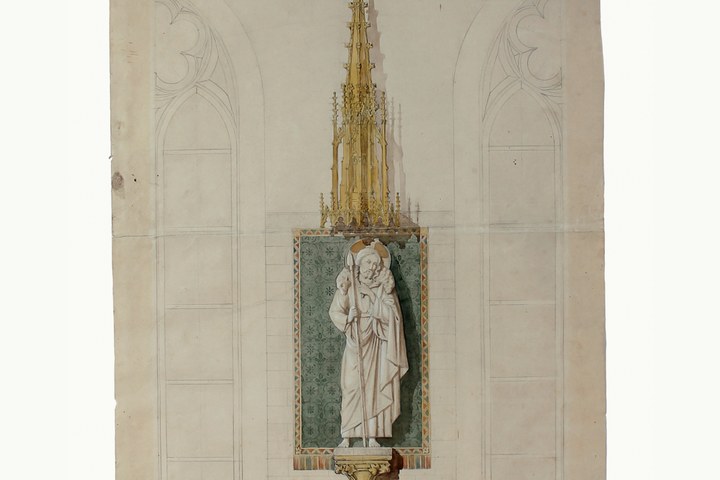 Ingekleurde ontwerptekening beeld van de goede herder St. Lambertuskerk Veghel