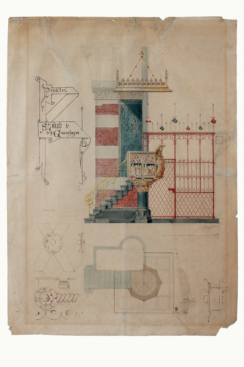 Ingekleurde ontwerptekening voor een preekstoel in de St. Jacobskerk te 's-Gravenhage (1875-1878)