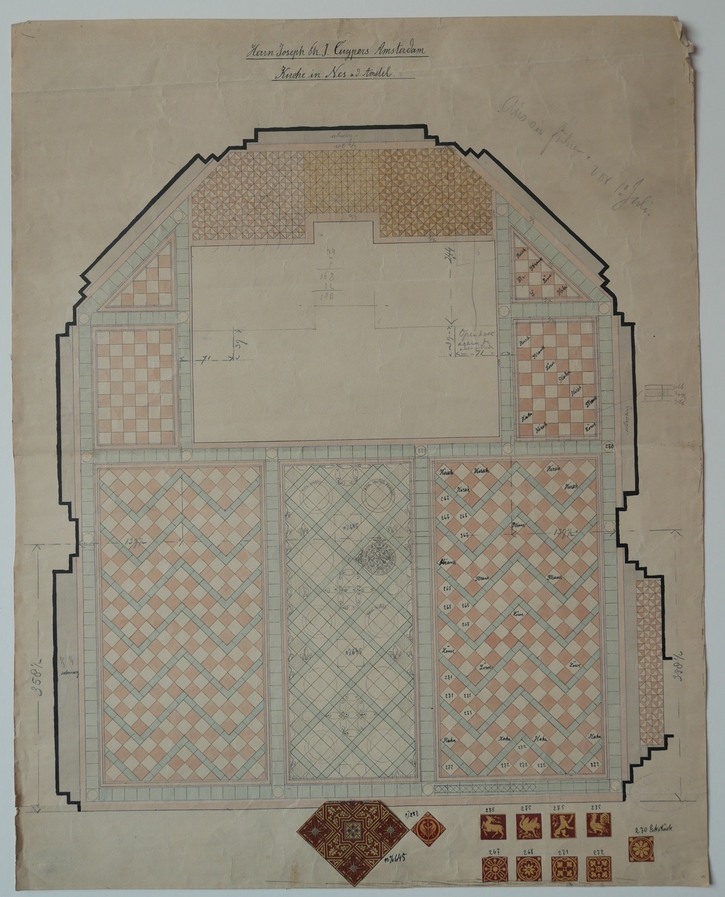 Ingekleurde ontwerptekening voor de betegeling van een kerkvloer in een kerk in Nes aan de Amstel