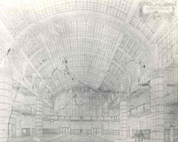 Perspectieftekening grote Beurszaal van het Beursgebouw van de Effectenhandel Amsterdam