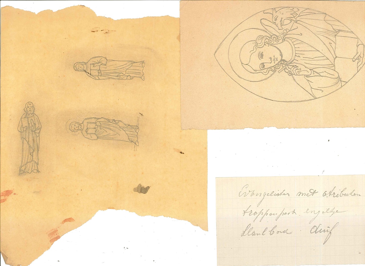 Verzameling kleine tekeningen van beelden etc. uit Cuypers' Kunstwerkplaatsen