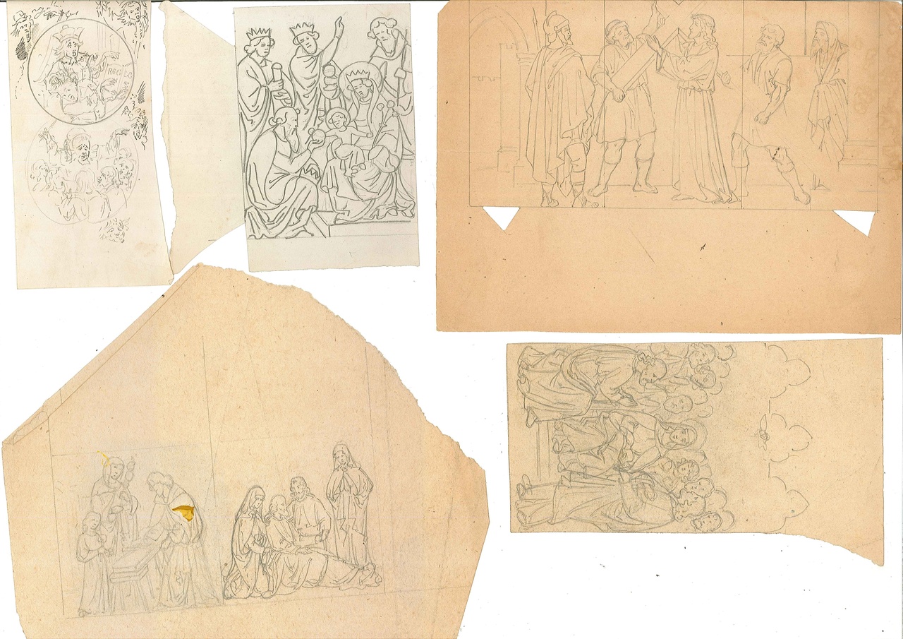 Verzameling kleine tekeningen van beelden etc. uit Cuypers' Kunstwerkplaatsen
