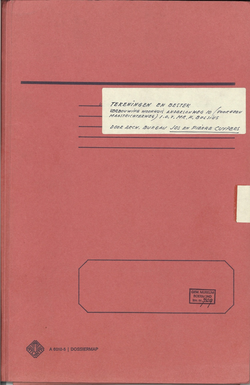 Map met tekeningen en bestek betreffende de verbouwing van het woonhuis Andersonweg 10 (voorheen Maastrichterweg 3), in opdracht van Mr. F.J. Bolsius.