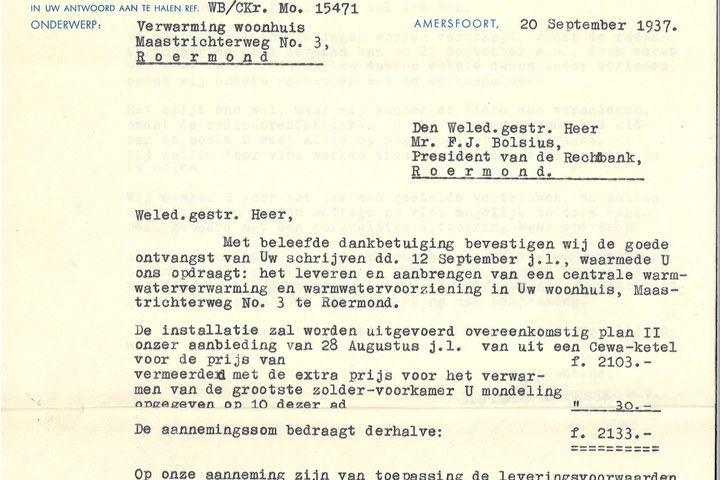 Map met tekeningen en bestek betreffende de verbouwing van het woonhuis Andersonweg 10 (voorheen Maastrichterweg 3), in opdracht van Mr. F.J. Bolsius.