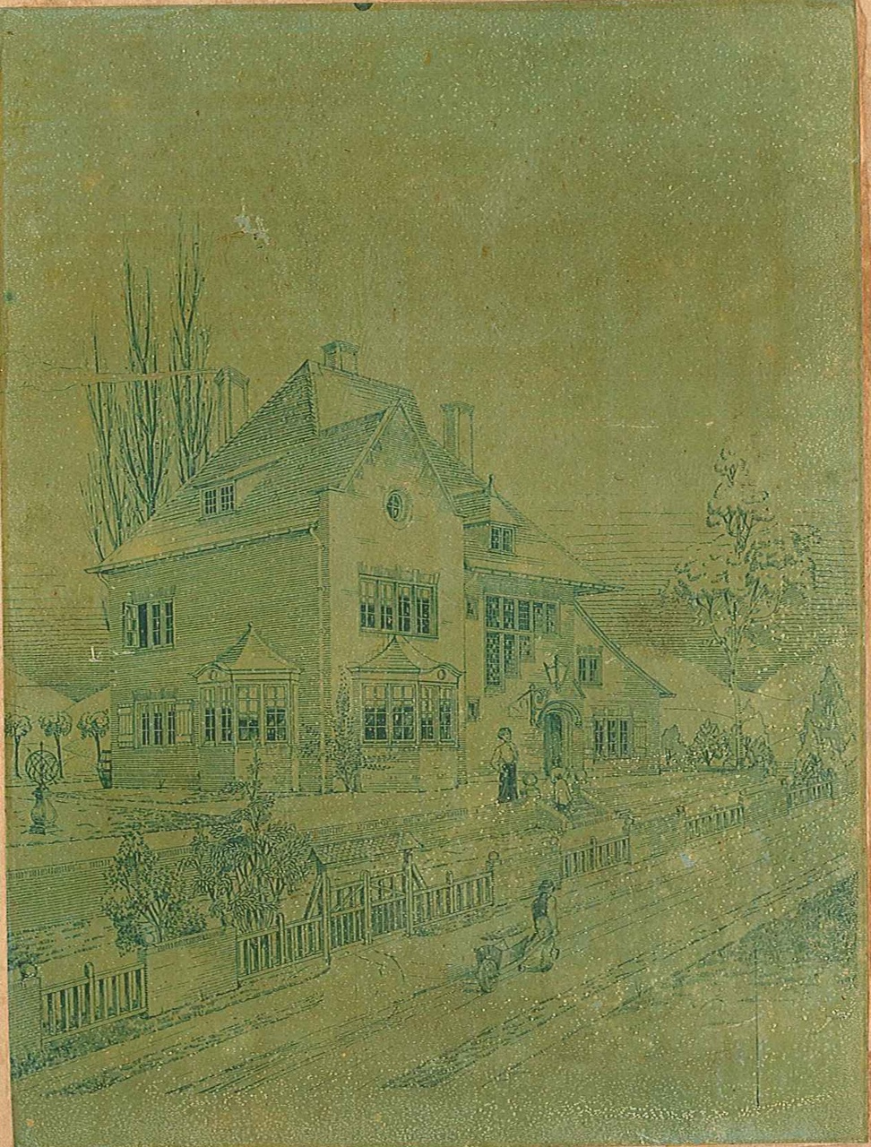 Reproductie van ontwerptekening van een villa