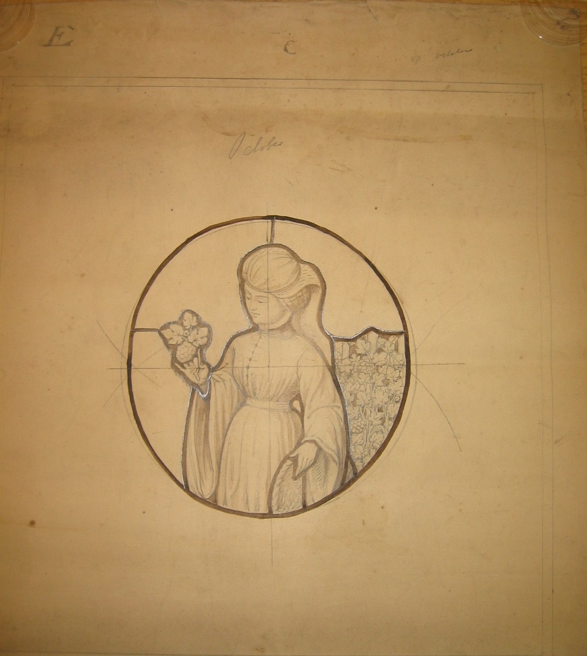Ontwerptekening voor een glas-in-loodraam met als thema de maanden januari en februari.