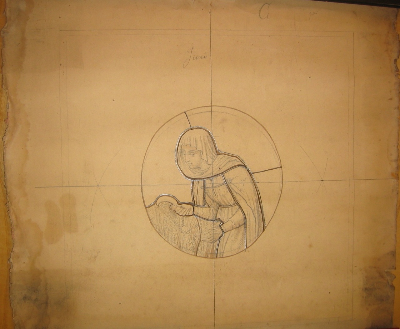 Ontwerptekening voor een glas-in-loodraam met als thema de maand juni.