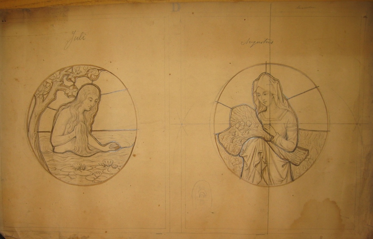 Ontwerptekening voor een glas-in-loodraam met als thema de maanden juli en augustus.