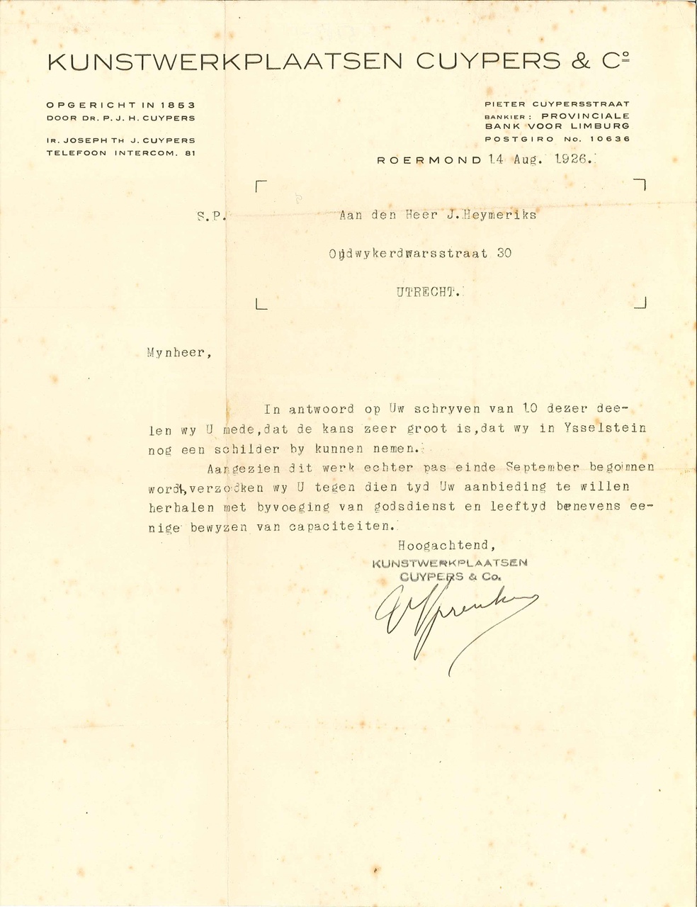 Aanstellings- en ontslagbrieven en getuigschriften van Dhr. J. Heymeriks (1901-1981), medewerker van Cuypers' Kunstwerkplaatsen tussen 1926 en 1932.