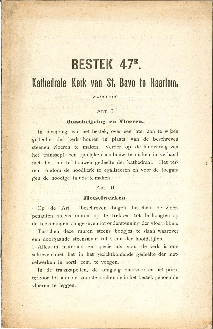Bestek 47E voor de Kathedrale Kerk van Sint Bavo te Haarlem door ir. J.Th.J.  Cuypers.