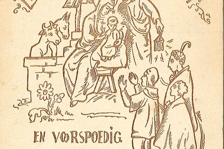 Kerstkaart met tekening van een kerstgroep.