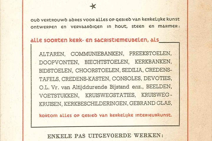 Reclamefolder voor producten vervaardigd in Cuypers' Kunstwerkplaatsen