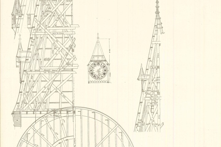 Een ontwerptekening van de hoofdtoren van de R.K. Kerk te Steenbergen.