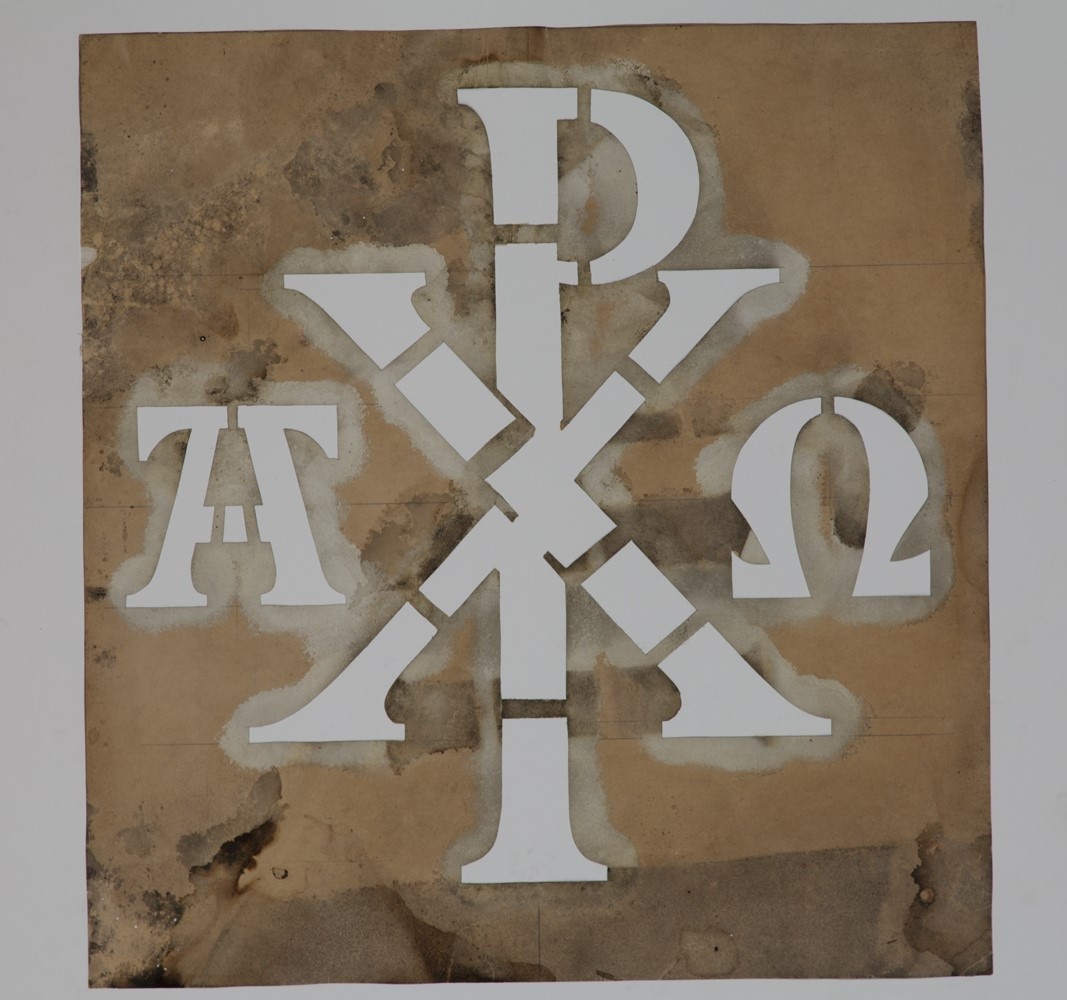 Sjabloon met de letters PX en de alfa en de omega.