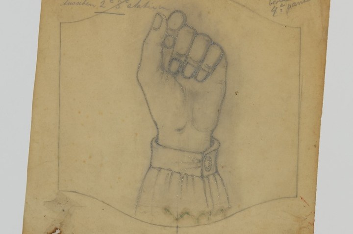 Ontwerptekening van een hand (vuist) met dichtgebogen vingers.