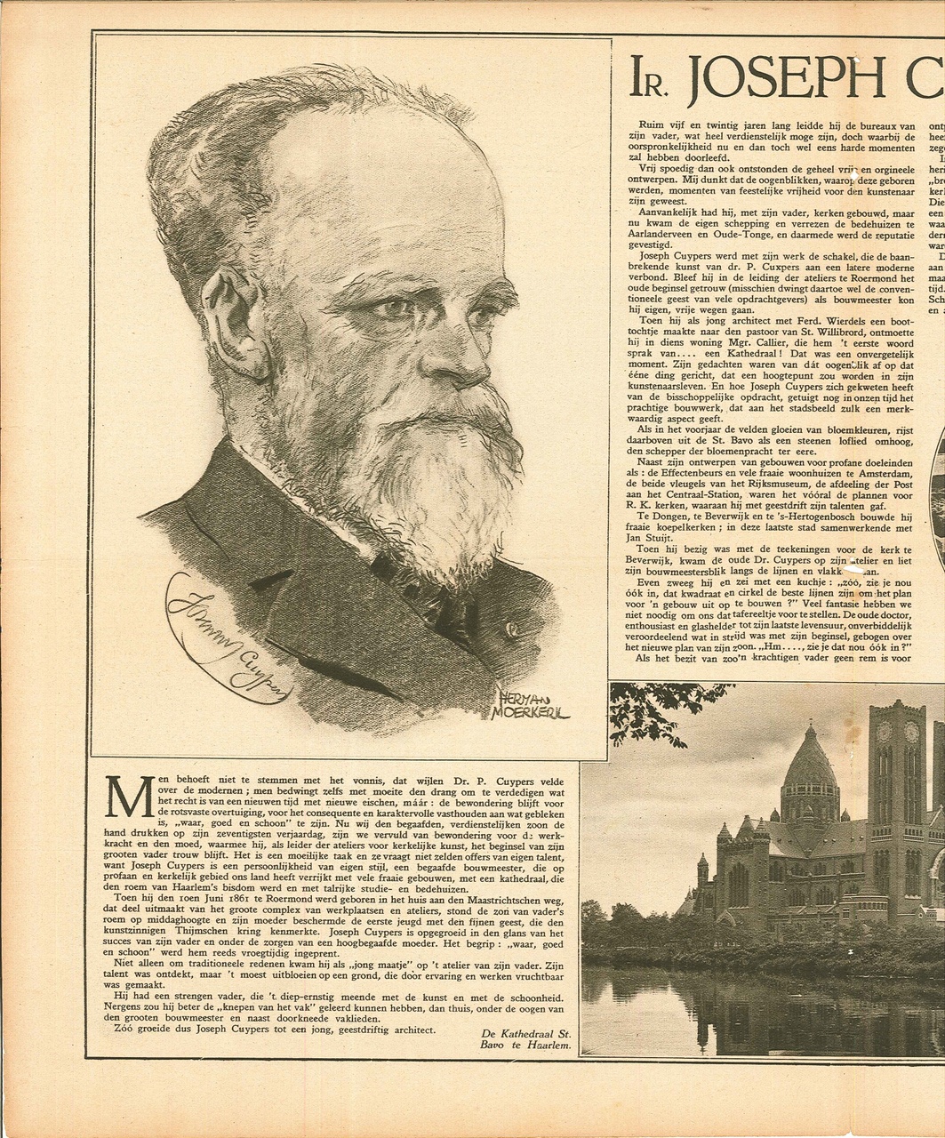 Twee pagina's uit tijdschrift De Katholieke Illustratie van 3 juni 1931 met daarin een artikel t.g.v. de 70-ste verjaardag van ir. J. Cuypers met diverse foto's en een portrettekening.