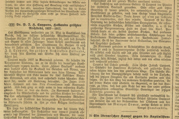 Duitse krant de "Kölnische Volkszeitung, Wochenausgabe" van 31 mei 1917 met daarin op pagina 7 een groot artikel gewijd aan de 90-ste verjaardag van dr. P.J.H. Cuypers.